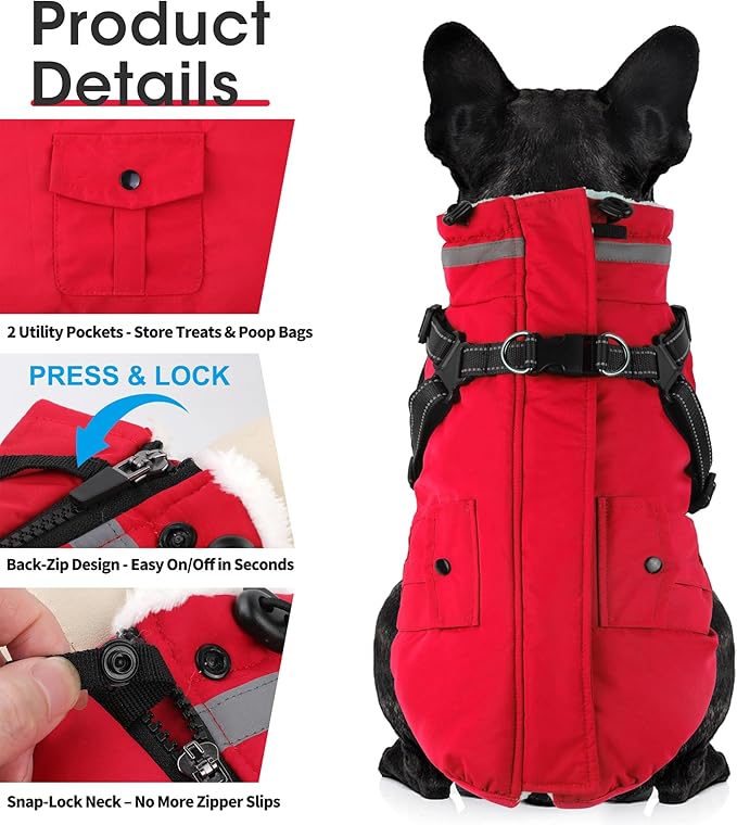 Dogcheer Dog Coat with Harness, Waterproof Warm Dog Winter Jacket with Pockets, Reflective Pet Fleece Jacket Turtleneck Snowsuit for Small Medium Large Dogs - Red, L