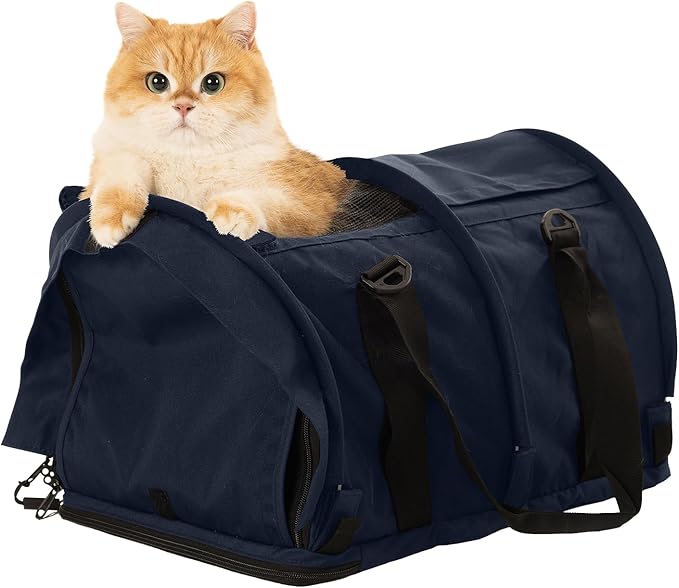 SturdiBag Pro 2.0 Pet Travel Carrier with Flexible Height for Cats and Dogs | Soft Sided Pet Carrier Bag with Safety Clips and Seatbelt Straps for Airplane or Car Travel | Large, Navy