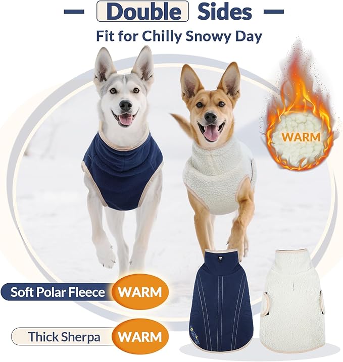 ROZKITCH Reversible Dog Jackets for Large Dogs, Thick Fleece Sherpa Sweater with Leash Hole & Embroidery, Adjustable Double-Sided Plush Sweatshirt for Medium Large Breeds DarkBlue XL