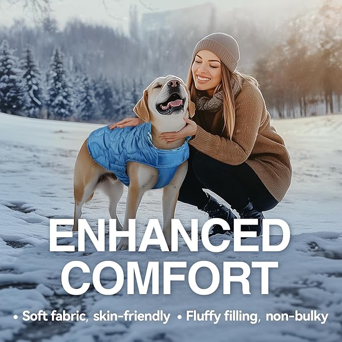 VIVAGLORY Softjoy Dog Coat, Dog Jacket for Winter & Christmas, Coat with Harness Hole & Velcro Closure, Reversible Plaid Checkered Warm Fluffy Heavy Duty for Puppy, M, Blue
