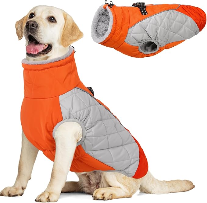 AOFITEE Dog Coat, Dog Winter Jacket, Reflective Dogs Jacket with Harness Built in and Fleece Lined, Waterproof Pet Winter Jacket Puffer Jacket for Small Medium Large Dogs, Orange XL