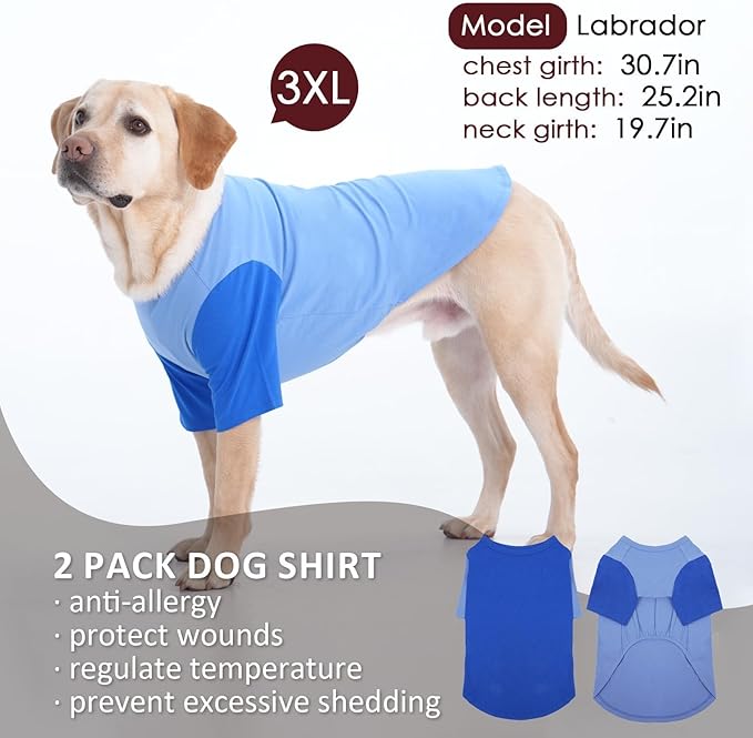 2 Pack Dog Shirt for Large Dogs XXL - Soft Breathable Cotton Tees, Freedom of Movement Prevents Overheating Dog Clothes for Border Collie, Pitbull, Boxer, Hiking, Play, Casual Wear, Blue