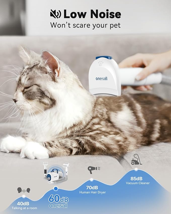 oneisall Dog Vacuum & Dryer for Shedding Grooming, 8 in 1 Dog Grooming Kit with Metal Blade Pet Clippers, Adjustable Speed and Temperature Control Blower