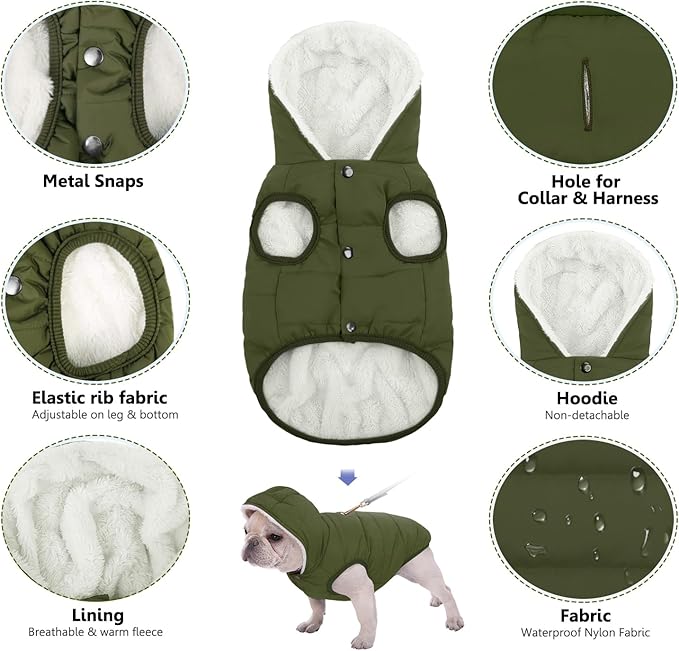 Fleece Hoodie, Windproof Waterproof Coat, Winter Warm Jacket, Cold Weather Pet Apparel Clothes Vest for Small Medium Large Dogs (XS, Green)