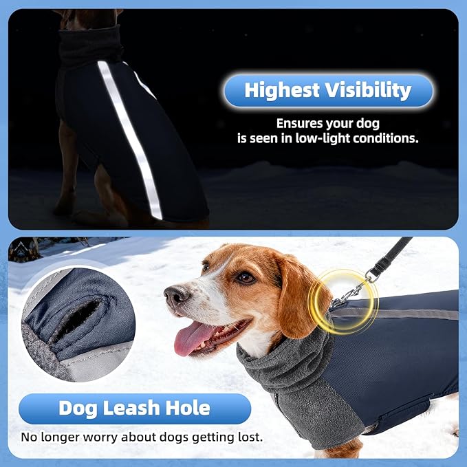 SlowTon Winter Dog Coat, Warm Polar Fleece Lining Doggie Outdoor Jacket with Turtleneck Scarf Reflective Stripe Adjustable Waterproof Windproof Puppy Vest Soft Pet Outfits (XXL,Dark Blue)