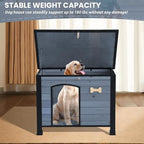 Outdoor Dog House, Small Wooden Dog House with Anti Bite Iron Frame Weatherproof Finish Outside Paw Print Dog Crate for Large and Medium Dogs, Grey