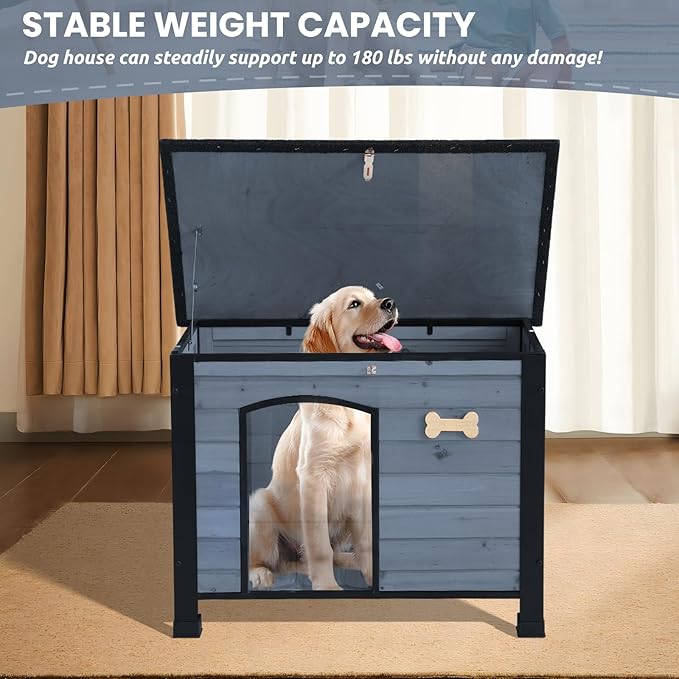 Outdoor Dog House, Small Wooden Dog House with Anti Bite Iron Frame Weatherproof Finish Outside Paw Print Dog Crate for Large and Medium Dogs, Grey