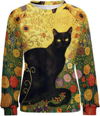 Long Sleeve Shirts for Women Cat Oil Painting Shirt 3D Graphic Sweatshirts Fall Pullover Crewneck Vintage Boho Tops