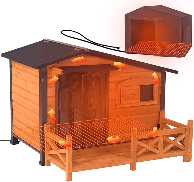 GUTINNEEN Heated Dog House Outdoor Dog Kennel with Safe Heated Pad, Chew-Proof Metal Frame and Rotating Food Bowl for Small to Medium Dogs, 44.6" L x 41.1" W x 32.9“H (Brown)