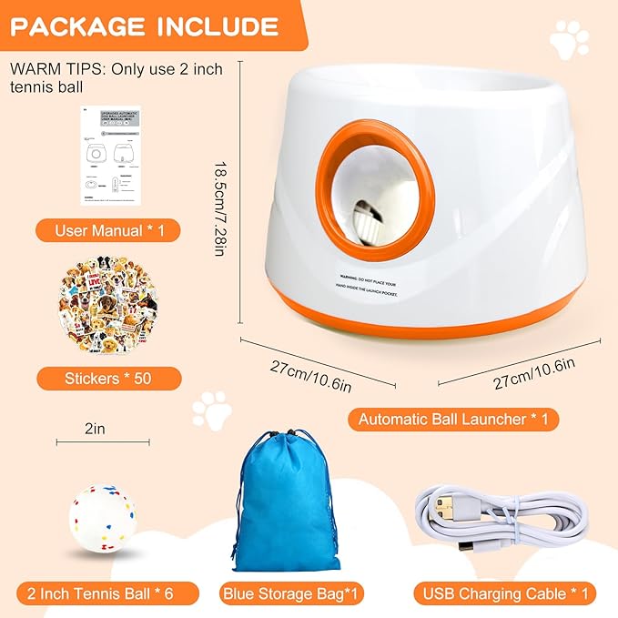 Automatic Ball Launcher for Dogs, Dog Ball Thrower with 19-32-45Ft Distance, Rechargeable Automatic Launcher with 6 Balls (2.2"), Dog Ball Launcher for Small & Medium Orange