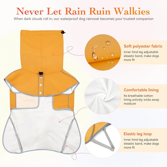 Reflective Dog Raincoat, Windproof & Waterproof Dog Rain Jacket, Adjustable Hooded Pet Poncho with Leash Hole for Small, Medium, Large Dogs(S-2XL) (Yellow, X-Large)