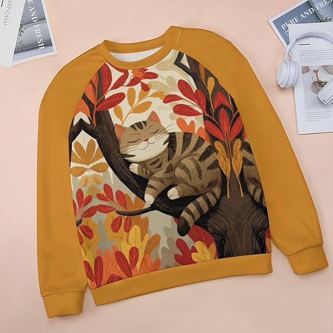 Abstract Cute Cat Shirts for Women Long Sleeve Lady Crewneck Pullover Sweatshirt Fall Winter Oversized Tops