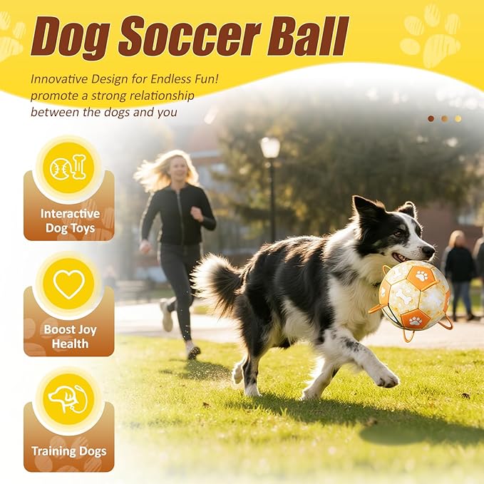 Size 2 Dog Soccer Ball with Straps Durable Training Ball for Pets Interactive Outdoor Dog Toy, Orange & Yellow, Eye-Catching Paw and Bones Design, for Small & Medium Puppie