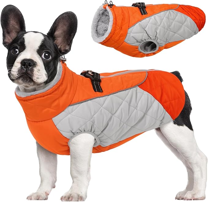AOFITEE Dog Coat, Warm Dog Jacket, Reflective Dogs Winter Coat with Harness Built in and Fleece Lined, Waterproof Pet Winter Jacket Snowsuit for Small Medium Large Dogs, Orange L