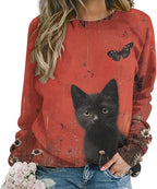 Long Sleeve Shirts for Women Cat Oil Painting Shirt 3D Graphic Sweatshirts Fall Pullover Crewneck Vintage Boho Tops