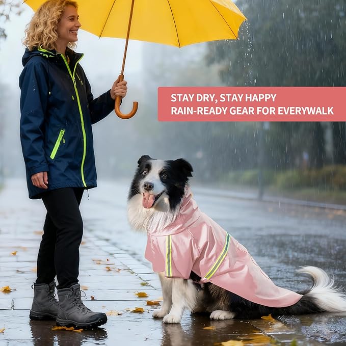 Dog Raincoat, Waterproof Windproof Dog Rain Jacket Adjustable, Rain Coat with Leash Hole, Reflective Strap Raincoat Poncho for Small Medium Large Dogs Outdoor (Reflection-Pink, Medium)