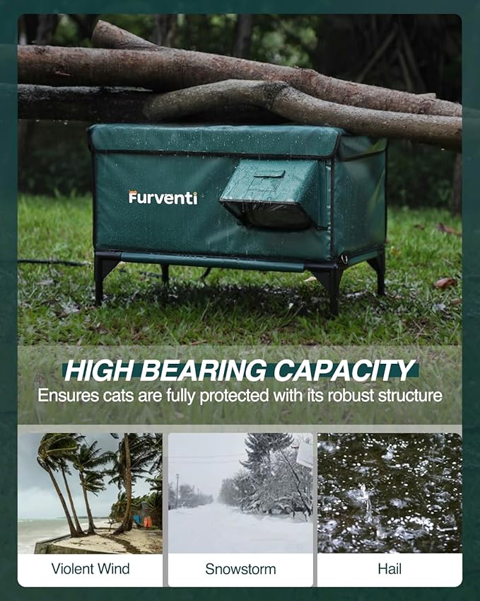 Outdoor Heated Cat House in Winter,Extremely Insulated & Weatherproof,Elevated Feral Cat Shelter with Waterproof Eaves & Escape Door for Outside Stray Barn Cat (Dark Green,S)