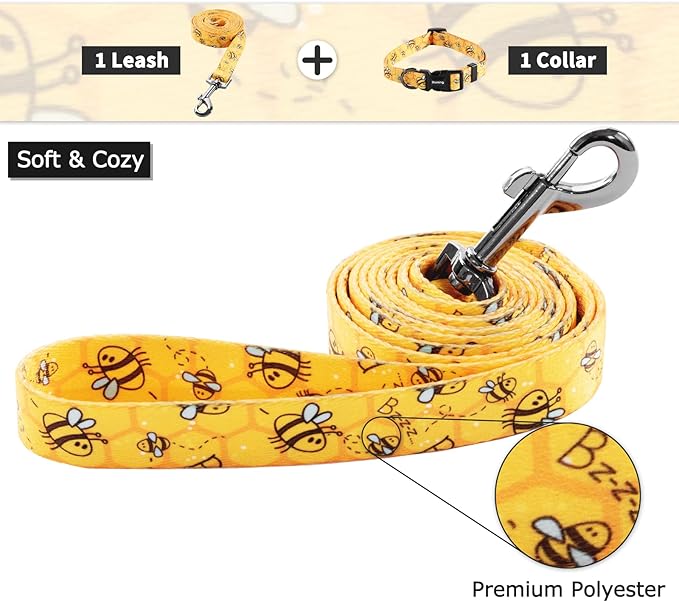Ihoming Dog Collar and Leash Set for Daily Outdoor Walking Running Training, Bee Design for Small Boys Girls Dogs Cats Pets, S-Up to 20LBS