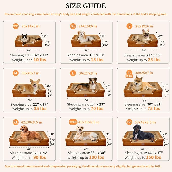 Comfort Expression Orthopedic Dog Bed for Small Dogs 20x14 Inch, Waterproof Supportive Egg Crate Foam Small Pet Bed with Removable Bolsters, Dog Couch with Washable Cover & Non-Slip Bottom, Orange