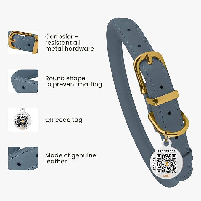 BronzeDog Rolled Leather Dog Collar with QR ID Tag, Adjustable Soft Round Collars for Small Medium Large Dogs Puppy (9" - 11" Neck Size, Denim)