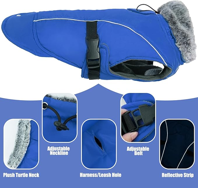 DENTRUN Large Dog Winter Coat - Windproof Reflective Warm Coat, Adjustable Neck & Snap Closure, Water Repellent Thick Fleece Vest, Fleece Lined for for Golden Retriever, Blue, XL