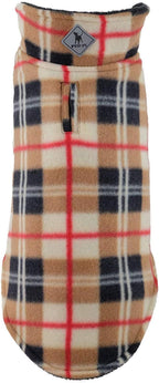 The Worthy Dog Fargo Fleece Plaid Dog Jacket, Adjustable Reversible with Harness Hole, Wind-Resistant, Winter Outdoor Clothes for Pets, Tan - 30''