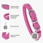 BRONZEDOG Rolled Leather Dog Collar for Small Medium Large Dogs with QR ID Tag (M: 14-16 Inch, Hot Pink)