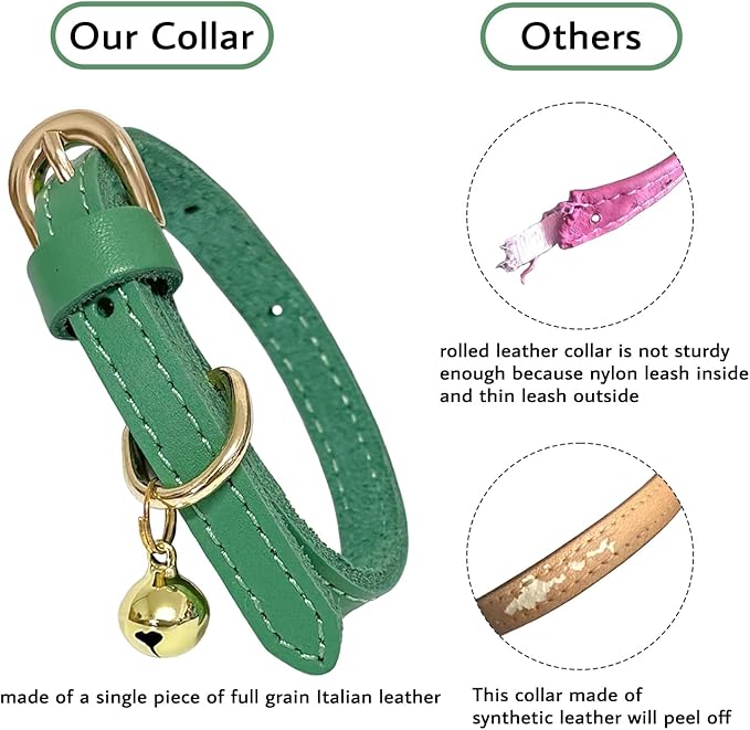 Guiding Star Leather Collar for Puppy, Cute Soft Thin Dogs Collars for Small Medium Dogs, Cat Collar with Bell (Green, XS, 9"-12")