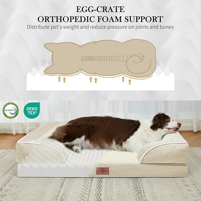 Comfort Expression Orthopedic Dog Bed for Small Dogs 20x14 Inch, Waterproof Supportive Egg Crate Foam Small Pet Bed with Removable Bolsters, Dog Couch with Washable Cover & Non-Slip Bottom, Beige