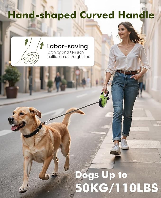 Retractable Dog Leash for Large Dogs, 26ft Heavy Duty Retractable Dog Leash with Poop Bag Holder, Anti-Slip Soft Grip, Reflective Leashes for Medium Large Pets up to 110 lbs(Green)