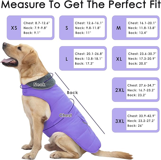 Dog Coat, Waterproof Dog Winter Jacket with Pocket, Reflective Adjustable Pet Snow Vest, Warm Cozy Fleece Sweater for Small Medium Extra Large Dogs - Light Purple, 3XL