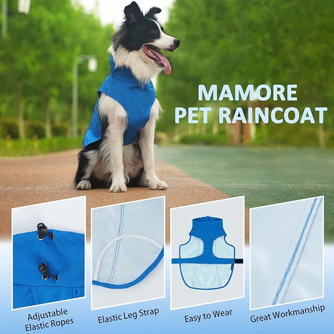 Waterproof Dog Raincoat, Adjustable Lightweight Dog Rain Jacket with Reflective Strip Leash Hole for Small Medium Large Dogs (Blue, X-Large(37-55lb))