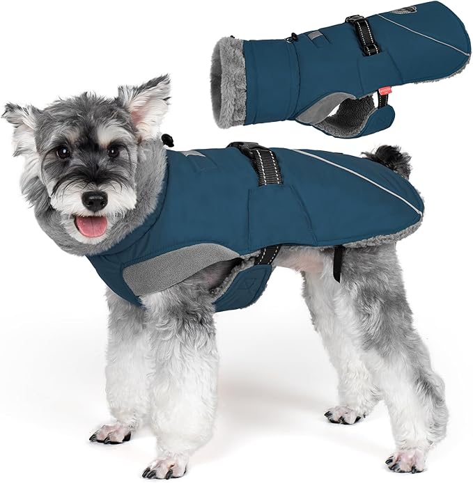KYEESE Waterproof Dog Coat, Warm Windproof Jacket,Turtleneck Winter Dog Coats for Small Dogs with Leash Hole, Reflective Pet Clothes & Outdoor Apparel,Thick Fleece-Lined Winter Jacket,Navy Blue, Large
