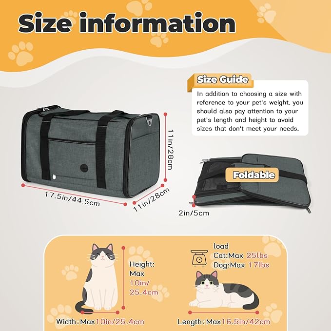 YUDODO 2 Packs 25 lbs Lightproof Soft Sided Pet Carrier for Large Cat & Small Dog Airline Approved Travel Bag Puppy Carriers with Side Pockets & Reflective Mesh, Foldable Portable for Car 2 Grey Green