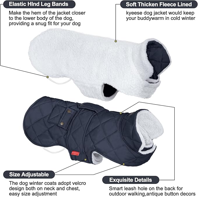 KYEESE Dog Coat Windproof Dog Coats for Small Dogs Soft Pet Sweater for Cold Weather Warm Pet Winter Puffer Coat with Leash Hole Thick Cat Clothes with Pocket Waterproof Dogs Jacket with Fleece Lined