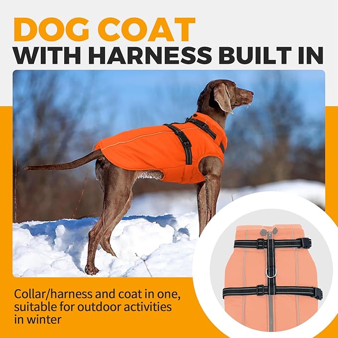 Lelepet Dog Winter Coat Waterproof Dog Jacket with Harness Built in Windproof Reflective Pet Coats for Small Medium Large Dogs, Thermal Fleece Lined Coats for Cold Weather Walking Hiking, Orange, XL