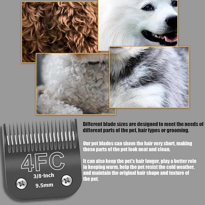 3 Pack 4FC Detachable Dog Grooming Steel Blades,Compatible with Andis,Oster A5,Wahl KM-10 Series,Cut Length 3/8" 9.5MM （Black）