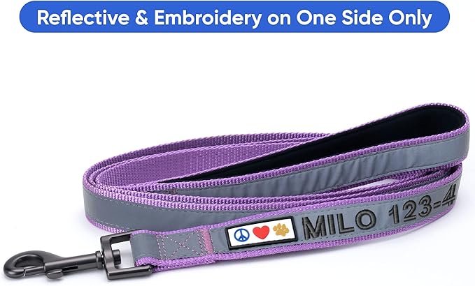 Pawtitas Personalized Dog Leash Embroidered Customize Leash for Your Pet Name & Phone Number, Reflective 6 ft Long Purple Orchid Custom Tag