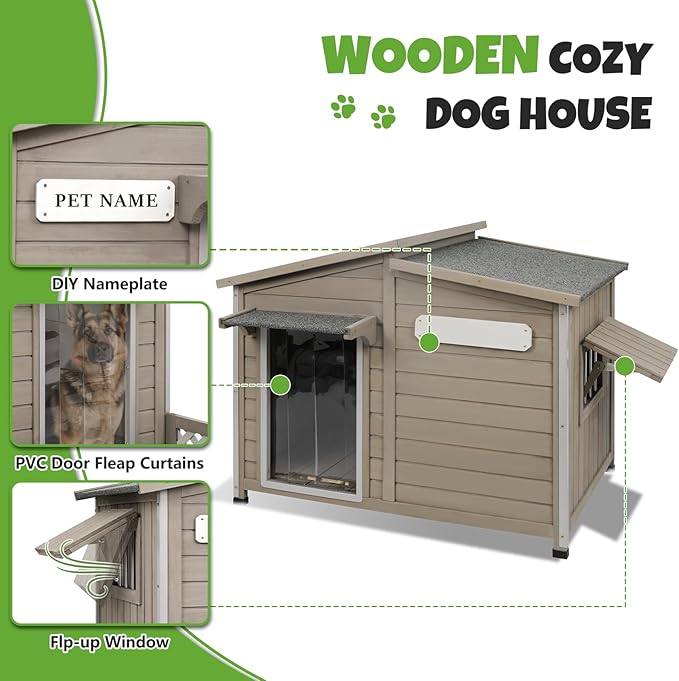 Large Outdoor Wooden Dog House, Weatherproof Dog Houses with Adjustable Vent Windows, Alloy Chew-Resistant Frame, Removable Floor for Medium & Large Dogs, (43.5" L x 29.5" W x 33.5" H)