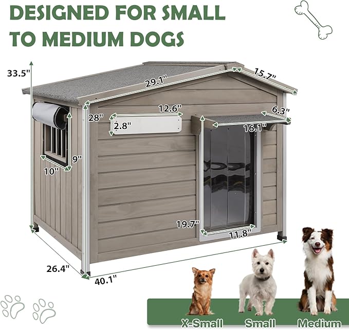 40'' L Large Dog House Outdoor Indoor, Wooden Dog Houses with Waterproof Roof, Door Curtain, Anti-Chewing Frame, Elevated Doghouse Shelter Bed Kennel with Window, Openable Roof