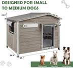 40'' L Large Dog House Outdoor Indoor, Wooden Dog Houses with Waterproof Roof, Door Curtain, Anti-Chewing Frame, Elevated Doghouse Shelter Bed Kennel with Window, Openable Roof