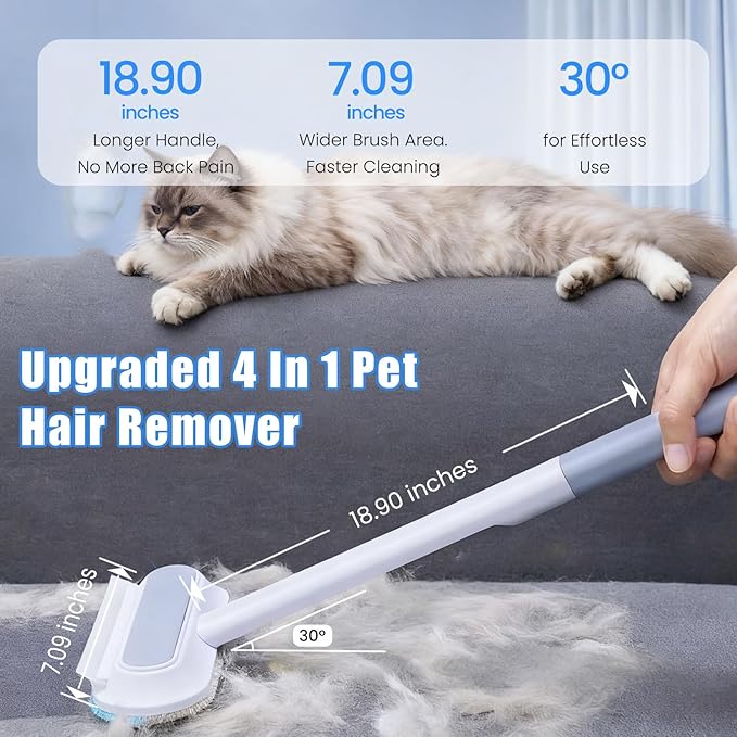 Pet Hair Remover, Reusable 4 in 1 Pet Hair Removal Tool Brush for Lint, Multifunctional Cat & Dog Hair Remover for Couch Furniture Car Bed Window Clothes, Washable Brush with Long Handle & 2 Scrapers