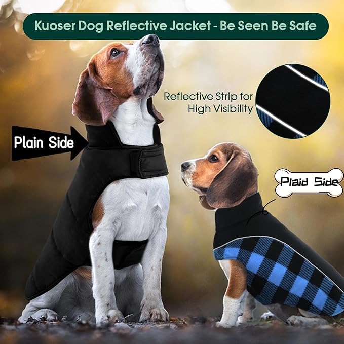 Kuoser Dog Winter Coat, Reversible Waterproof Dog Jacket with Reflective Strip, Warm Dogs Fleece Vest Adjustable Doggy Cold Weather Clothes Plaid Christmas Outfit Pet Apparel for Large Dogs, Blue 2XL