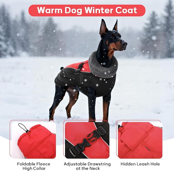 IDOMIK Dog Winter Coat, Reflective Waterproof Dog Jacket for Cold Weather, Warm Pet Coats for Small Medium Large Dogs, High Collar Doggy Fleece Snow Jacket, Winter Vest with Adjustable Buckle,XL