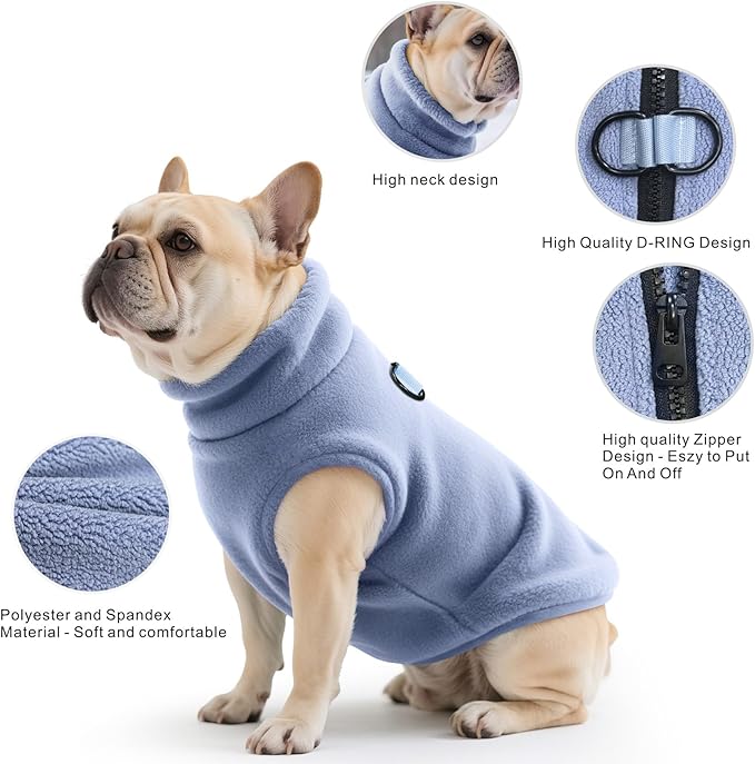 Idepet Dog Fleece Vest Sweater Zip Up Warm Pullover Dogs Jacket with D-Ring Leash Winter Cold Weater Coat Pet Sweatershirt Clothes Hoodie for Small Medium Dogs Boy Girl(Sky Blue,XL)