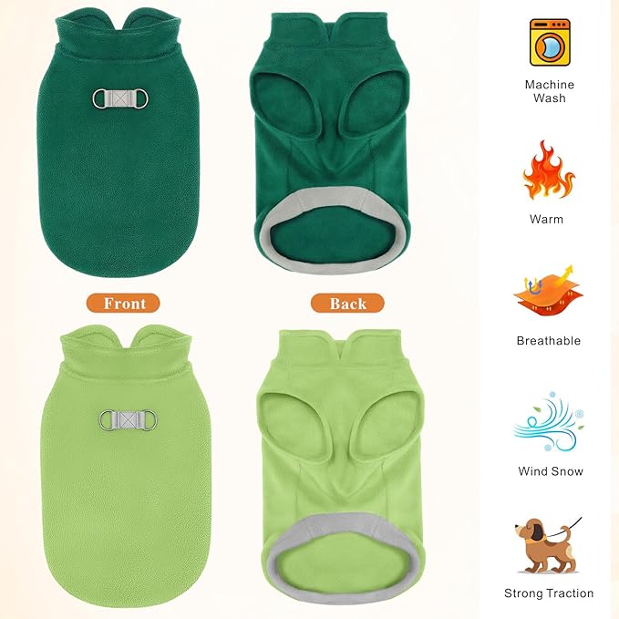 Idepet 2 Pack Dog Fleece Vest Sweater Warm Pullover Jacket with D-Ring Leash Reflective Winter Coat Hoodie for Bulldog Pug Chihuahuas Yorkies Dachshunds(Dark Green&Grass Green,XX-Large-French Bulldog)