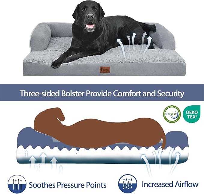 Orthopedic Dog Beds for Large Sized Dogs, Waterproof Egg Crate Foam Large Dog Couch Beds with Comfy Bolster 36x27Inch, Washable Pet Beds with Removable Cover and Nonskid Bottom, Grey