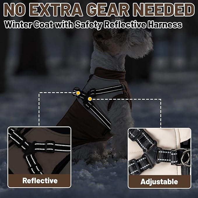Dog Winter Coat for Small & Medium Dogs (Up to 31lb), Waterproof Dog Coat with Harness, Puppies Windproof Puppy Puffer Jacket, Snowsuit for Dachshund,Frenchie, Corgi (Classic Brown, XLarge)