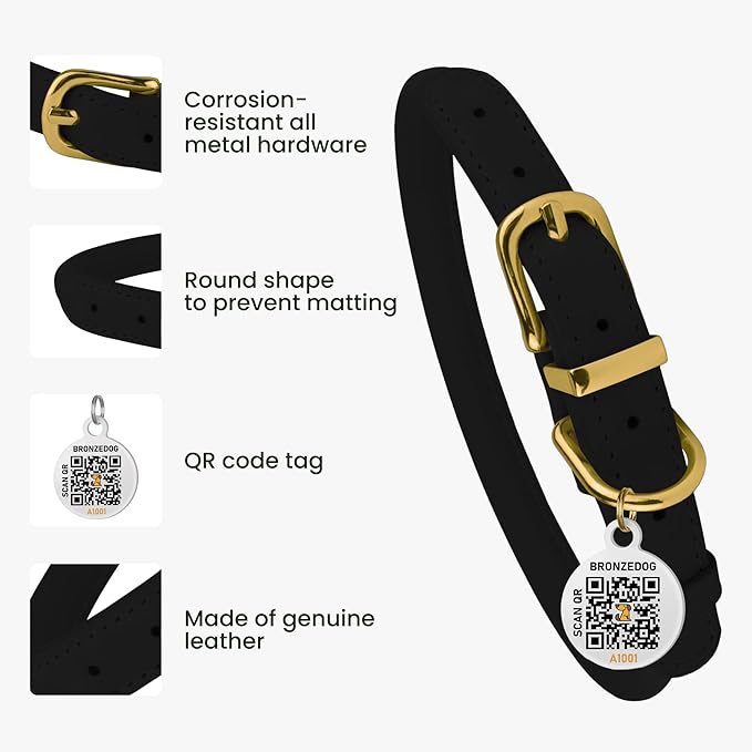 BronzeDog Rolled Leather Dog Collar with QR ID Tag, Adjustable Soft Round Collars for Small Medium Large Dogs Puppy (16" - 19" Neck Size, Black Night)