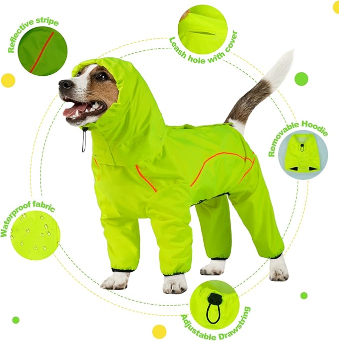 Dog Raincoat, Waterproof Dog Rain Jacket with Removable Hood，Adjustable 4 Legs Pet Poncho with Leash Hole，Reflective Stripe Hooded Snowproof Windproof Clothes for Small to 3X-Large Dogs, 3XL